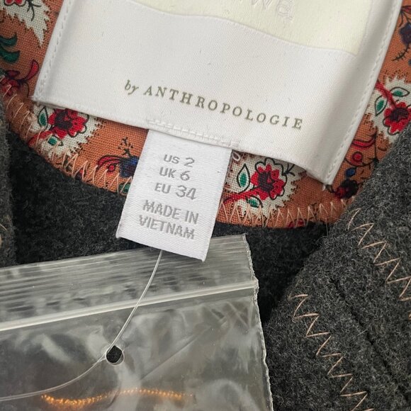 Anthropologie Jacket Peacoat Womens 2 Gray Cropped Blazer Contrast Trim Relaxed - Picture 9 of 13